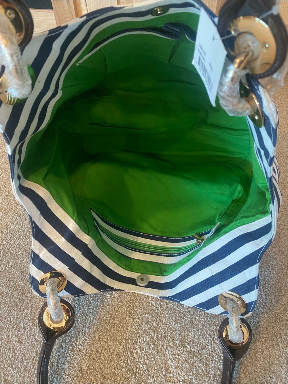 Striped Navy and White Canvas Tote with Brown Trim - Picture 8 of 8
